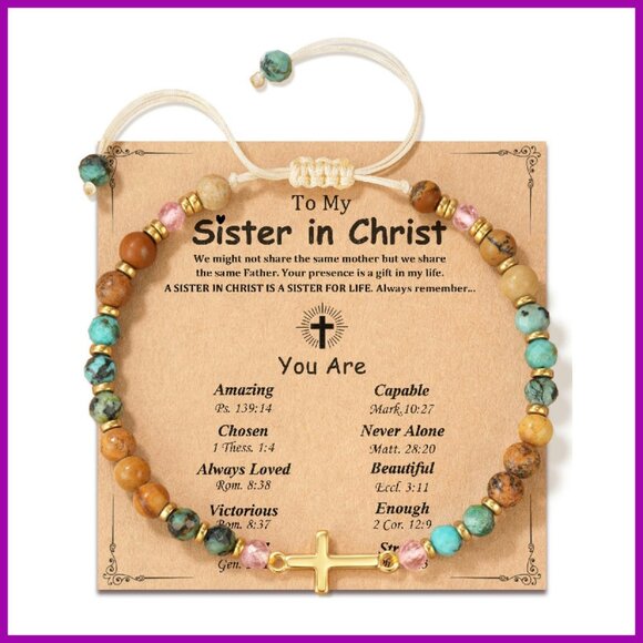 Adjustable Cross Bracelet with Natural Stones, Christian Gift for Women - Picture 1 of 8